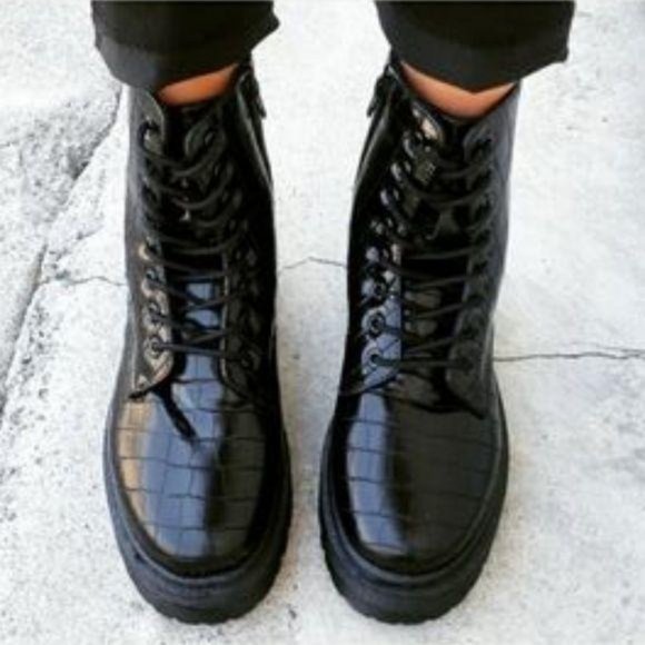 Shoes - Black Combat Boots in Embossed Crocodile